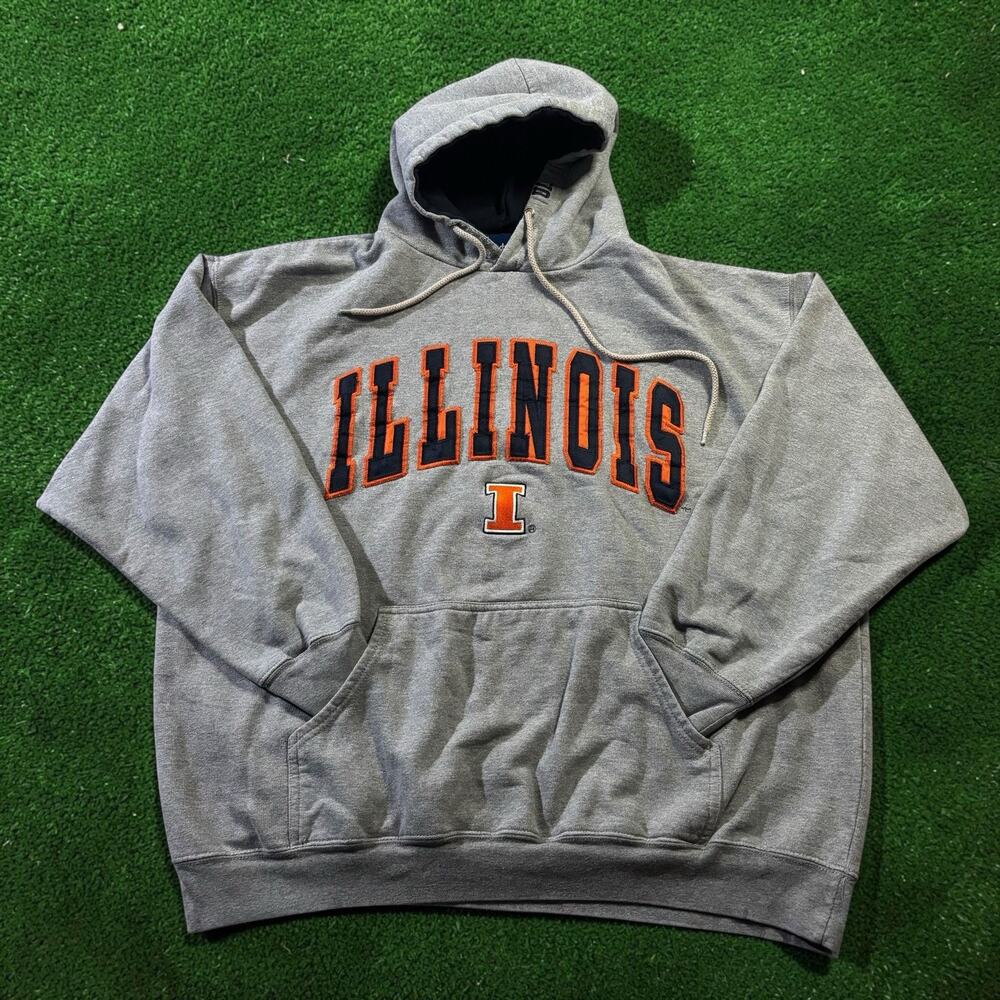 Vintage OVB Illinois Fighting Illini Stitched Hoodie Gray Boxy Sweatshirt XL